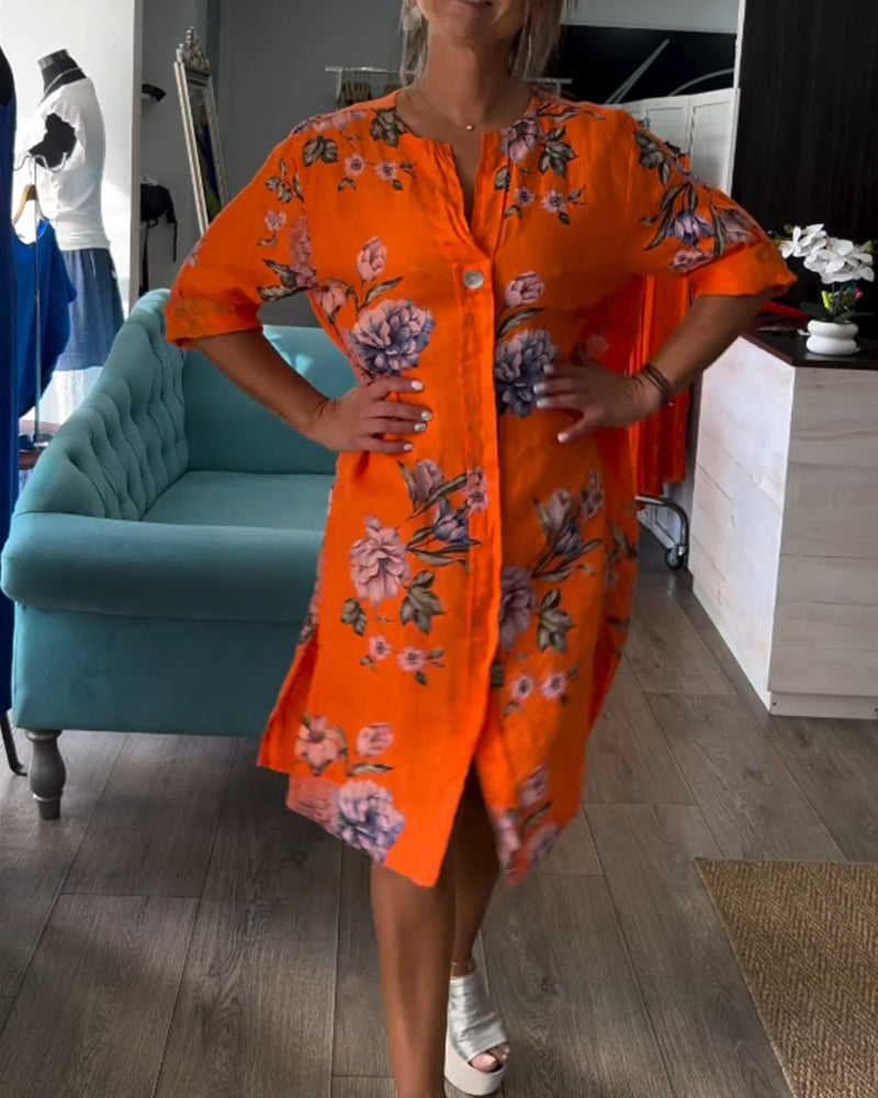 SolBlom™ | Knelang Skjortekjole i Lin med Blomsterprint