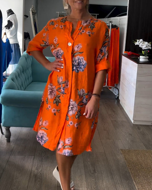 SolBlom™ | Knelang Skjortekjole i Lin med Blomsterprint