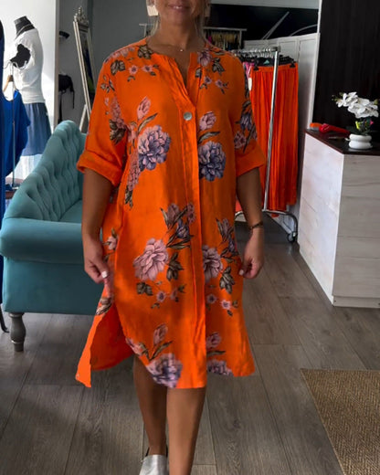 SolBlom™ | Knelang Skjortekjole i Lin med Blomsterprint
