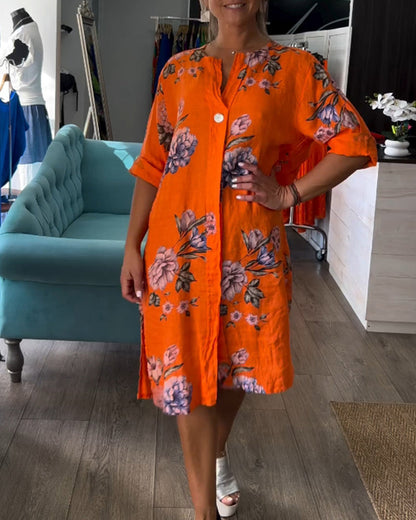 SolBlom™ | Knelang Skjortekjole i Lin med Blomsterprint
