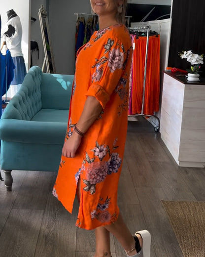 SolBlom™ | Knelang Skjortekjole i Lin med Blomsterprint