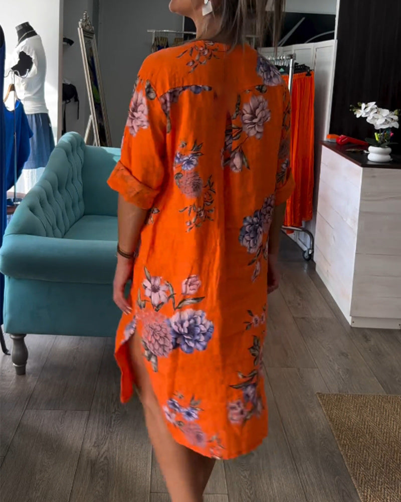 SolBlom™ | Knelang Skjortekjole i Lin med Blomsterprint