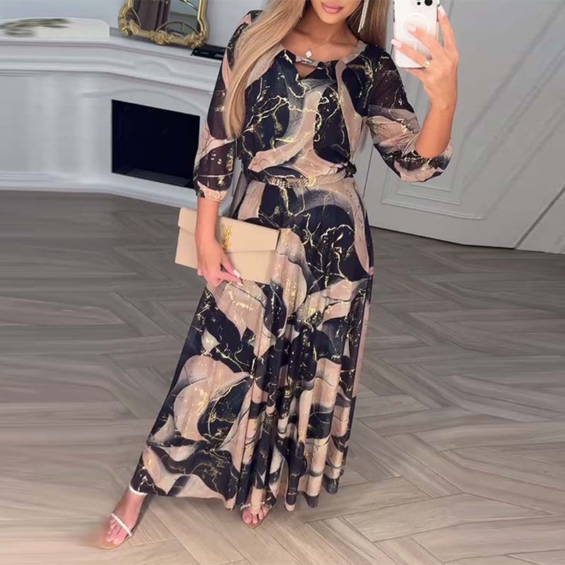 Kleid Elegant Dreiviertelarm Gedruckte Taille