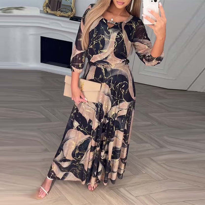 Kleid Elegant Dreiviertelarm Gedruckte Taille