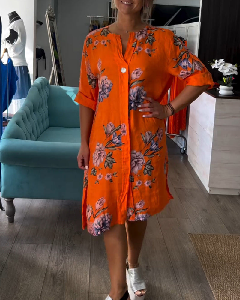 SolBlom™ | Knelang Skjortekjole i Lin med Blomsterprint