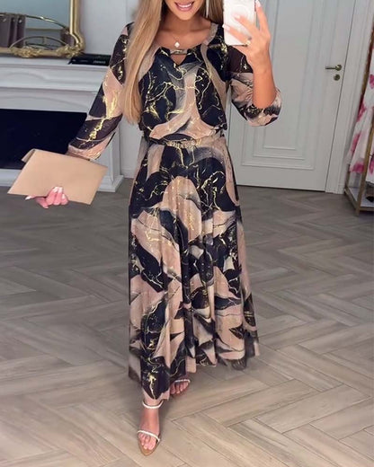 Kleid Elegant Dreiviertelarm Gedruckte Taille