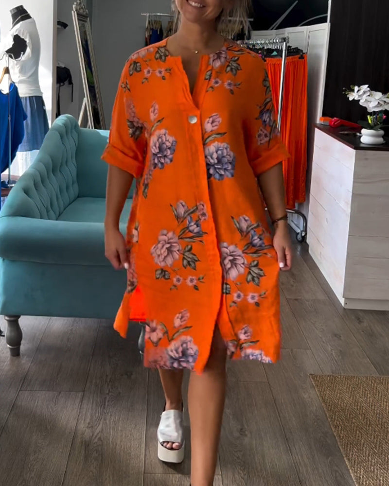 SolBlom™ | Knelang Skjortekjole i Lin med Blomsterprint